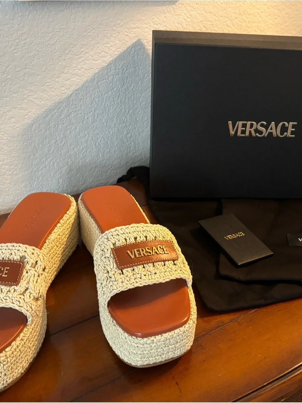 Versace Cream Crochet & Brown Leather Platform Slide Sandals